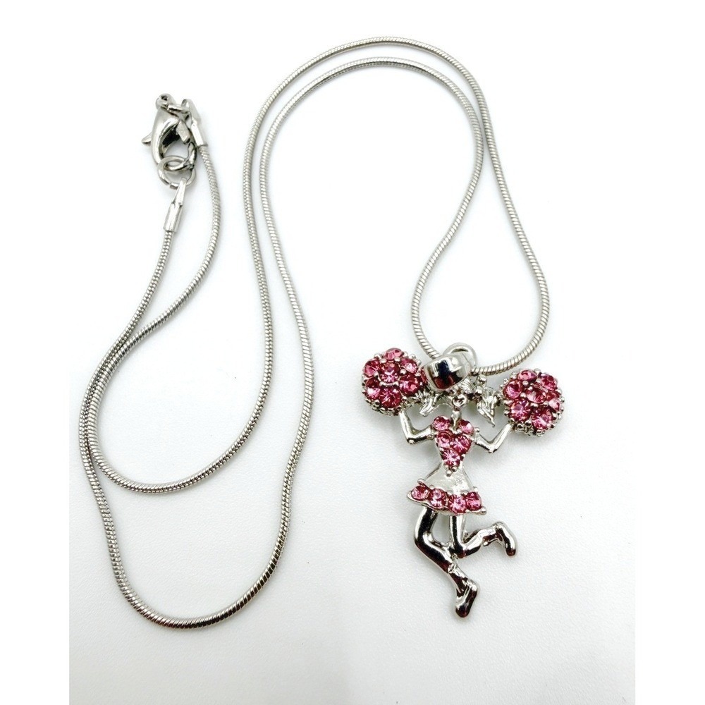 NEW Pink Cheerleader Charm Necklace Articulated Rhinestone Spirit‎ Gift